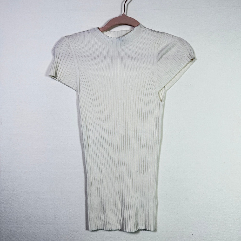 EXPRESS Ivory Ribbed Short Sleeve Knit Crew Neck Top Medium